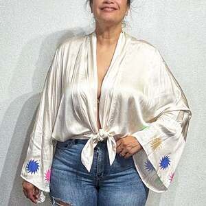 Pippa White Satin Tie Front Bell Sleeve Blouse Sz S NWT